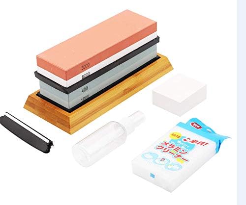 Premium Whetstone Sharpner Sharpening Stone Super Practical waterstone Kit 2 Sides Grit 3000/8000 plus 400/1000 Knife Sharpener Stone, Angle Guide, Flattening Stone, Bamboo Base, non-slip Silicone.