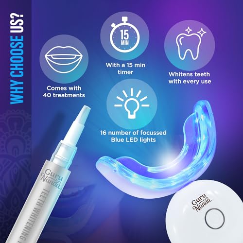 GuruNanda Teeth Whitening Kit - 8% Hydrogen Peroxide Teeth Whitening Gel Pen & Advanced Wireless LED Accelerator Light, Upto 10 Shades Whiter Teeth, Professional Dentist-Inspired System, 40 Treatments