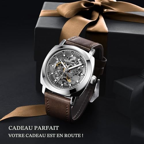 BENYAR - Men's Automatic Mechanical Watch - Leather Strap - Gold Movement - 45mm Skeleton Dial - Water Resistant and Scratch Resistant - Stylish Gift for Men