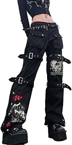 パンツ Y2K MAD PUNKS gimmick lace cargo pants Women Gothic Black Cargo Pants High Waisted Y2K Grunge Wide Leg