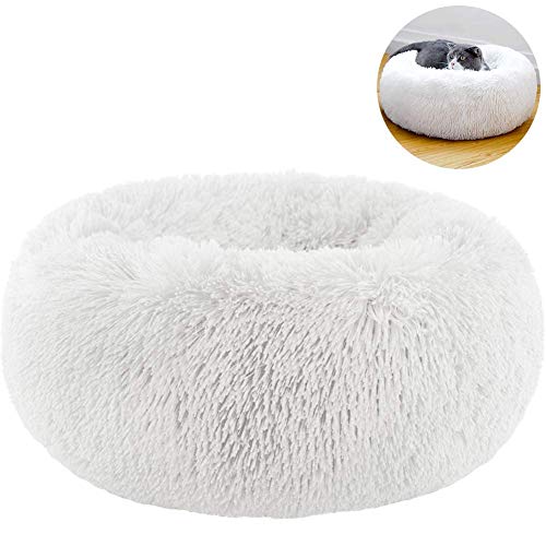 TINTON LIFE Luxury Faux Fur Pet Bed for Cats Small Dogs Round Donut Cuddler Oval Plush Cozy Self-Warming Cat Bed for Improved Sleep, White M