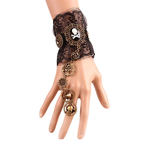 MIUNIKO Women Gothic Pirate Skull Steampunk Gear Bracelet Wristband with Finger Ring Jewelry Accessory