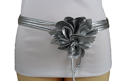 TFJ Women Tie Fabric Fashion Belt Silver Faux Leather Skinny Wrap Flower Buckle (Silver XS-Medium 20