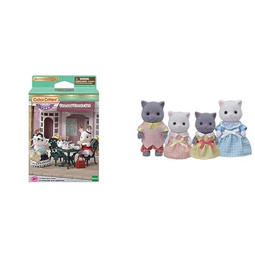 Calico Critters Town Tea and Treats Set with Persian Cat Family - Garden Tea Party Set with 4 Collectible Flocked Figures