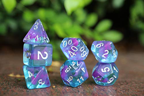 HD Dice DND Dice Set RPG Dice Fit Dungeons and Dragons D&D Pathfinder MTG Role Playing Games Polyhedral Dice Blue Transparent Dice with Purple Swirls