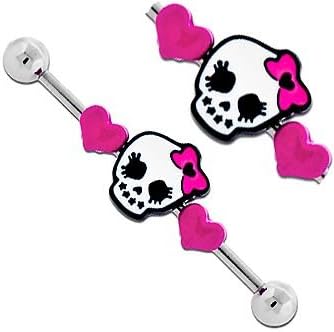 playful piercingsGirly Pink Hearts Goth Punk Skull w/Bow Surgical Steel Industrial Barbell bar Body Jewelry Piercing Ring Earring 32mm & 35mm & 38mm 14g 14 Gauge