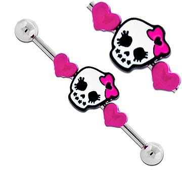 playful piercingsGirly Pink Hearts Goth Punk Skull w/Bow Surgical Steel Industrial Barbell bar Body Jewelry Piercing Ring Earring 32mm & 35mm & 38mm 14g 14 Gauge