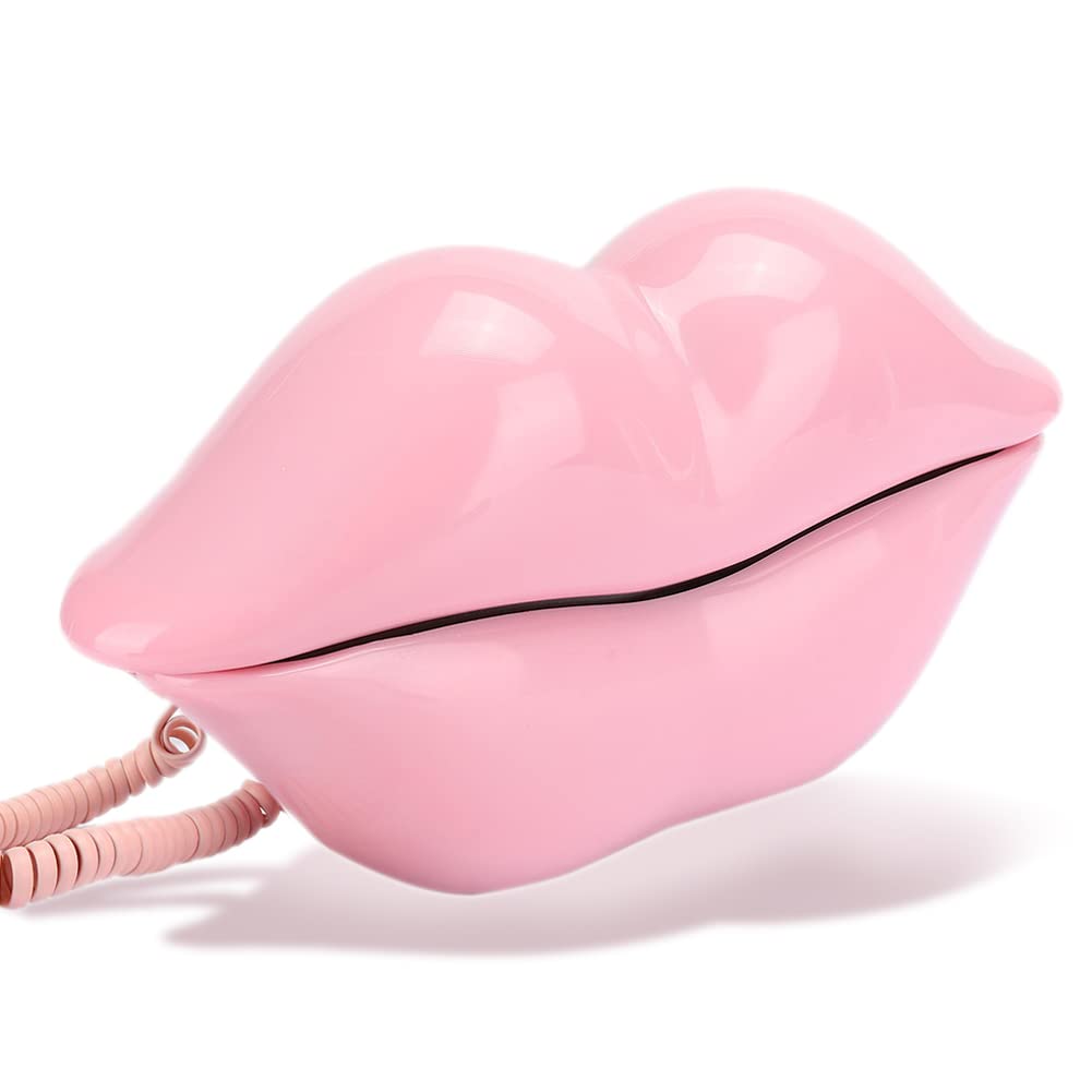 Landline Phone, European Style Telephone Fashionable Lips Shape Desktop Landline Phone for Home, Hotel, etc.(Pink)