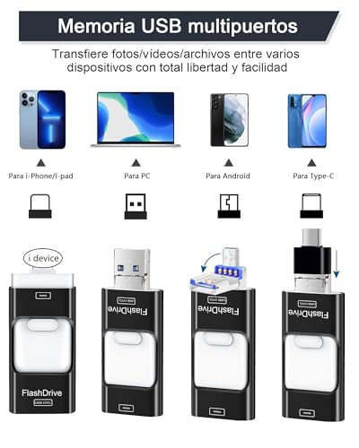 ZARMST USB Flash Drive 256GB for Phone and Android, 4 in 1 USB 3.0 with Iightning/USB-C/Micro USB/USB-A, External Memory for Mobile, Photo and Video Storage, Black