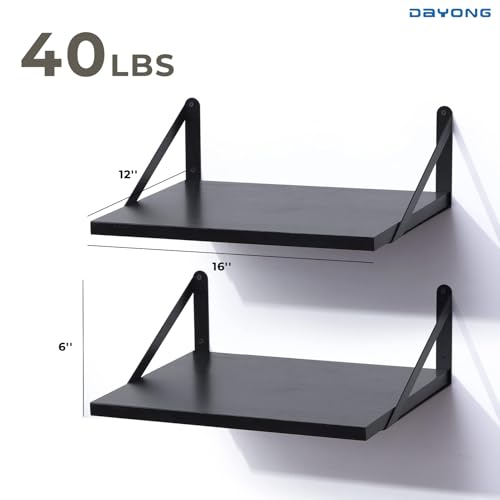 DAYONG Deep Wall Mounted Floating Shelf, 16W x 12D Rustic Wood Floating Shelves with Metal Brackets, Set of 2 Hanging Shelf for Kitchen, Living Room, Bathroom and Bedroom Decor (Black)
