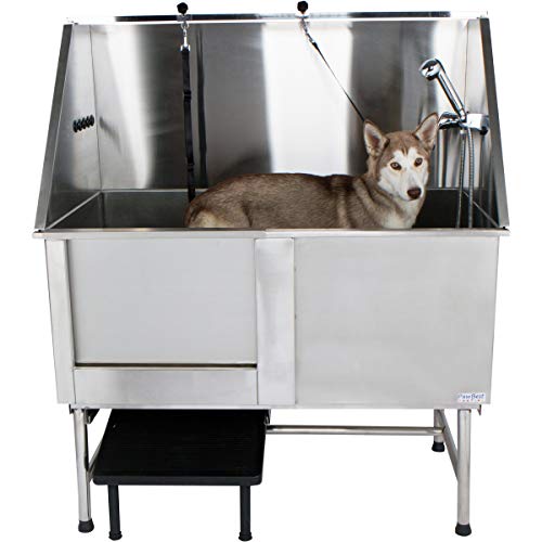 PawBest Stainless Steel Dog Grooming Bath Tub with Ramp, Faucet, Hoses and Loops (50" Bathtub