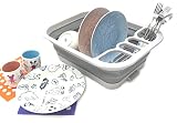 SAMMART Collapsible Dish Drainer with Drainer Board - Foldable Drying Rack Set - Portable Dinnerware Organizer - Space Saving Kitchen Storage Tray (1, Grey)