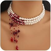fxmimior Boho Red Round Pearls Choker Necklace Multi Strands Vintage Red Halloween Choker Bridal Punk Y Long Choker Necklace for Women