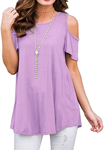 DETIMI Women 's Short Sleeve Cold Shoulder Tunic Loose Blouse Shirts Lavender S
