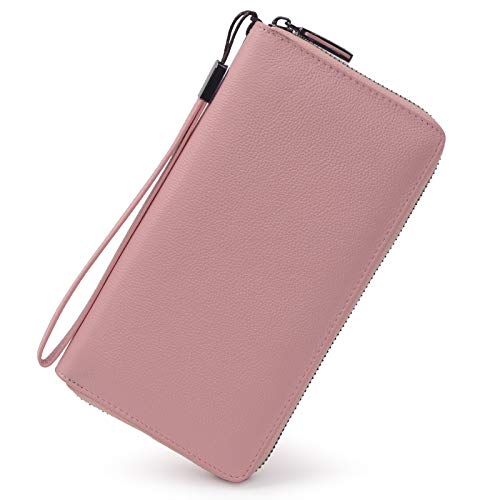 Women RFID Blocking Wallet Leather Zip Around Phone Clutch Large Travel Purse Wristlet (Pink)