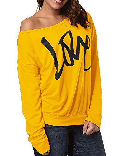 Smile fish Women's Casual Love Printed Sweatshirts 80s Costumes Hoodies Off The Shoulder Slouchy Shirt (L,Yellow) 091