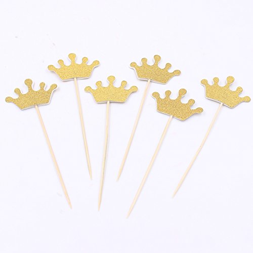 Zicome 50 Pack Double Sided Gold Glitter Crown Cupcake Toppers for Wedding Birthday Party Baby Shower (Crown) - Thumbnail 3