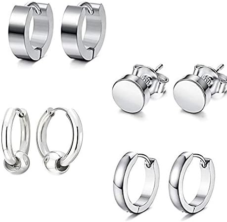 Men Women Stainless Steel Earring Stud Set Round Hoop Huggie Earring Stud Earring Tunnel Piercings (Pack of 4) (Silver)