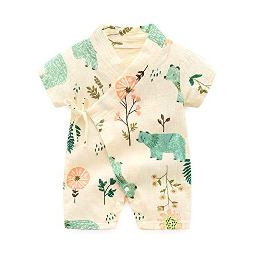 Baby Boys Kimono Side Snap Onesies Cute Cartoon Bears Bodysuit for Baby Girls Short Sleeve Romper Robe 6-9M