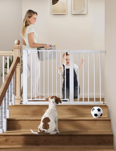 COMOMY 75-117cm Child Safety Barrier Stairs, Gate for Dogs Babies Automatic Closing with Red/Green Sign, Extra Wide Child Safety Fence Without Holes (76cm H, White)