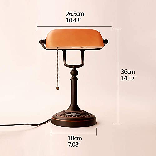 JEUNEU Traditional Bankers Lamp with Pull Chain Plug in Desk lamp with Amber Glass Shade