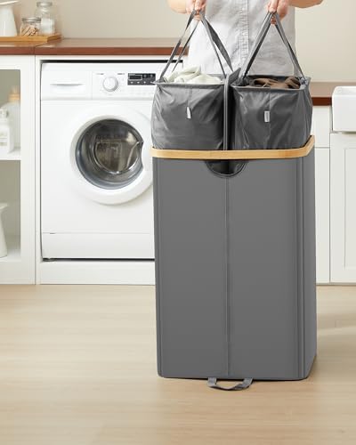 Cesto Ropa Sucia de 2 Compartimentos, Cesta de Colada, 150 L, Clasificador con Tapa, Bolsas de Ropa Extraíbles, para Lavadero, Dormitorio, Salón, Gris Pizarra y Beige Natural LCB523G01