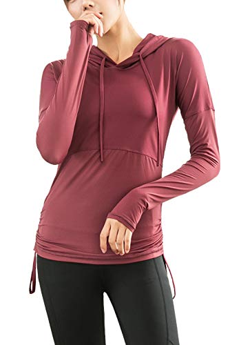 Mflying Women's Space Dye Long Sleeve Quick Dry Crew Neck Running Shirt for Workout Hiking Yoga Gym Sport (Small, Burgundy/Hoody)