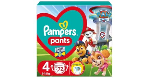 Pampers Baby-Dry Diapers Edition Paw Patrol Size 4, 72 Diapers, 9kg - 15kg, with Stop & Protect Pocket to Prevent Leakage on the Back