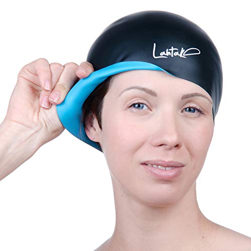 Swim Cap Reversible 3D - Swimming Cap Women Men - Silicone Swim Cap Waterproof- Best for Short and Medium Long Hair - Adult Swim Cap - Youth Swim Cap - Swim Hats (Black & Aqua Blue)