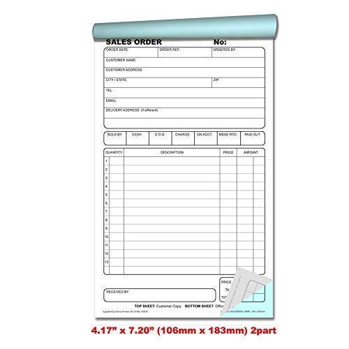 Cherry Carbonless Sales Order Book, 2-Part, with Loose-Leaf Writing Shield, 50 Sets, 4.17 x 7.20 Inches Unnumbered