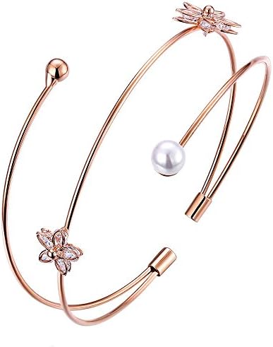 Onefeart Rose Gold Plated Bangle Bracelet for Women Girls Oval Zircon Three Layers Flowers Design Bangle