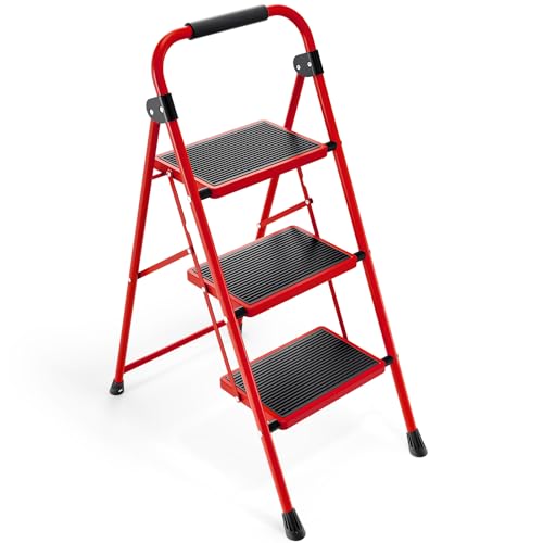 KINGRACK 3 Stufen Kleine Leiter, Trittleiter mit Anti-Rutsch, Breitem Pedal