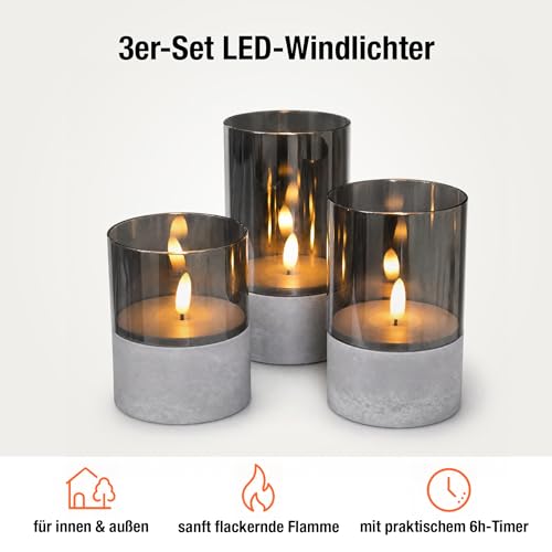 hellum LED Candles with Timer Function, Set of 3 LED Pillar Candles Outdoor, Flickering Flame, Grey, Diameter 8 cm, Heights 10/12.5/15 cm, 6 Hour Timer, Battery Operated (6 x AA, Not Included) 151992