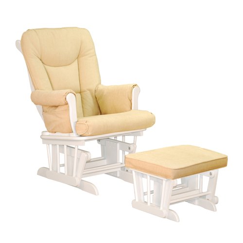 Athena Sleigh Glider Rocker and Ottoman with Beige Cushion (White)