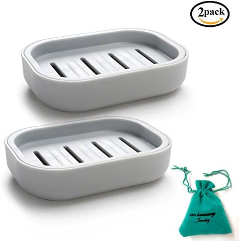 Soap Dish (2 pack grey blue)Soap Box Soap Saver Soap Container Soap Holder for Bathroom &amp; Kitchen with a Velvet Jewelry Bag Printed with Brand Name "xin bai xiang"