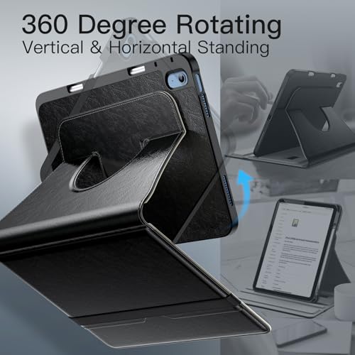JETech Funda Giratoria para iPad (A16) 11.ª/10.ª Generación (2025/2022) con Soporte para Pencil, Carcasa Folio Cuero PU Rotación 360 Grados (Negro)