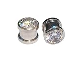 00g Ear Gauges - 1 Pair of 316L Stainless Screw Fit CZ Bling Tunnels Size 00g. Clear CZ Plugs.