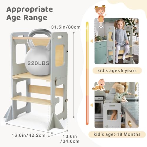 labebe Montessori Tower for Children, Folding Learning Tower with Blackboard, Multifunction 3 in 1 Learning Tower, Tower from 1 Year (Grau)