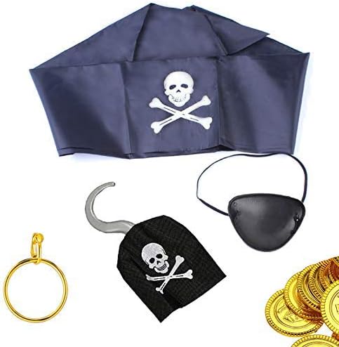 Ohighing Pirate Accessories Set for Pirate Party including Pirate Hook, Eye Patch, Earring, Pirate Bandana Accessory One Size,12pcs Pirate Treasure Gold Coins Halloween Carnival Mardi Gras