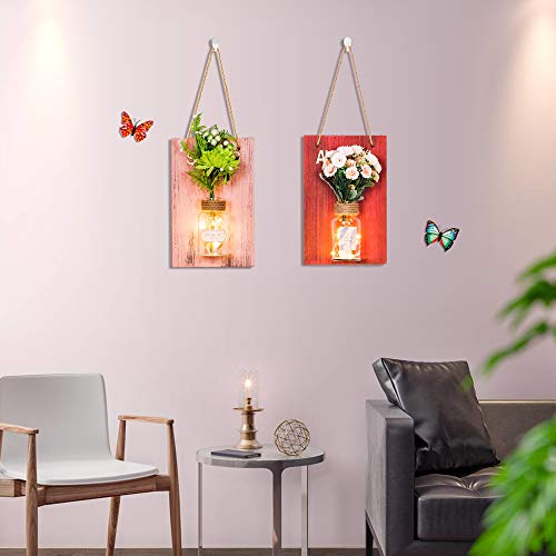 Decorative Artificial Flower Wall Decor - Rustic Wall Hanging Sconces with Mason Jars and LED Fairy Lights 1 Pack - Farmhouse Home Decor(Spring Board with Gerbera)
