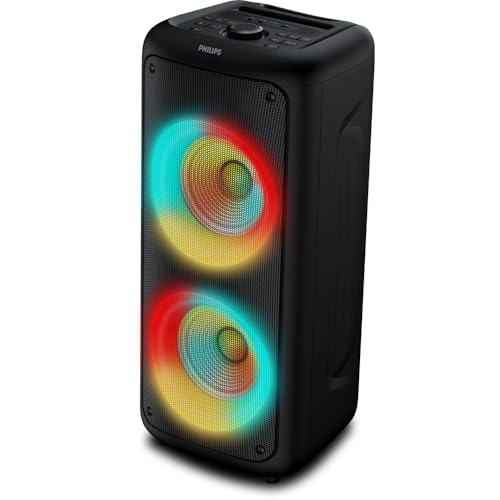 PHILIPS, Caixa de Som Bluetooth Party Speaker, TAX4000/78, com Luzes LED, entradas USB, Auxiliar, Microfone/Guitarra e Alça para Transporte