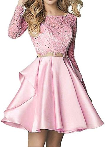 Sweetdress Women's Two Pieces Long Sleeve Lace Homecoming Dresses Backless Short Prom Dress