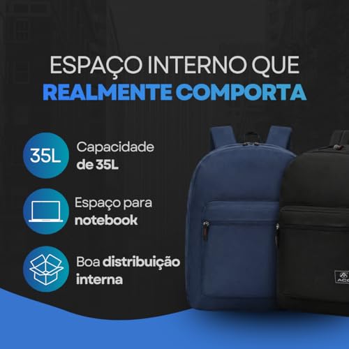 Mochila Casual 35 Litros Reforçada para Notebook com Zíper de Metal e Nylon de Alta Resistência – Ideal para Trabalho, Escola, Faculdade e Viagens (Preto)