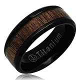Crown Rings Men Women Black Titanium Ring Wedding Band, Real Wood Inlay in comfort Fit size 7-13, 8mm