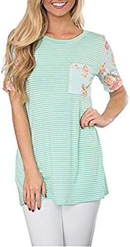 OMBabe Women's Summer Short Sleeve Striped Casual Top Blouse t Shirt With Pocket (X-Large, Green)