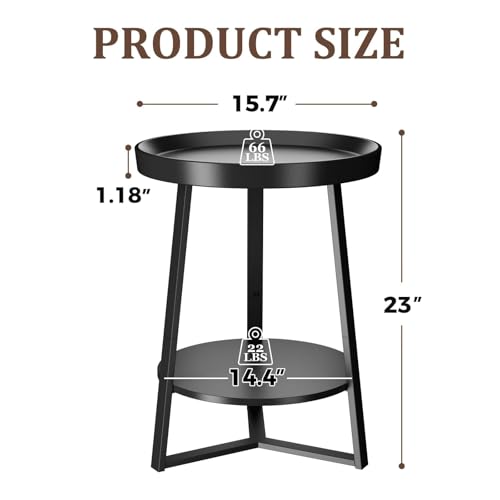Gadroad Round End Table with Storage Shelf, 2 Tier Farmhouse Circle Side Table Nightstand Sofa Table for Living Room, Bedroom, Wood Tabletop & Black Metal Frame (15.7 * 15.7 * 23inches, Black)