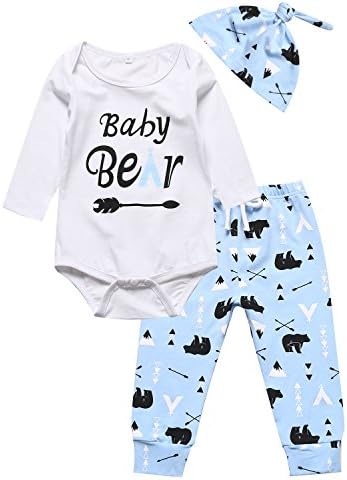 Catpapa 3PCS Baby Boys Girls Outfit Set Jumpsuit Funny Bear Long Sleeve Romper