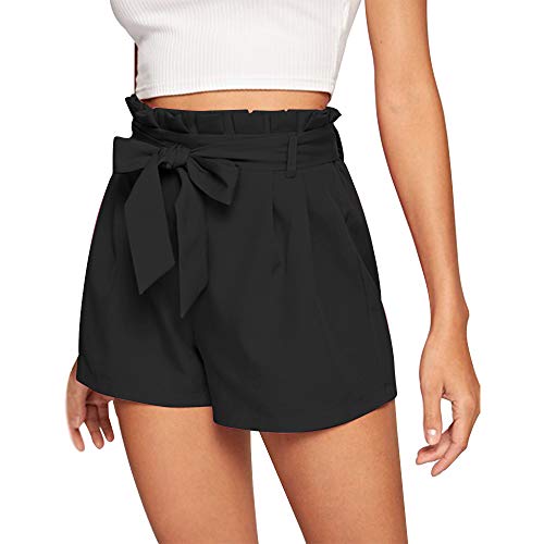 NEWFANGLE Women\'s Casual Paper Bag Shorts Elastic Tie Waist with Pocket Comfy Summer Shorts for Women,Black,L