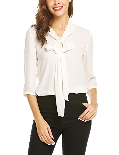 Grabsa Womenâ€™s Casual Bow Tie Neck Half Sleeve Chiffon Work Office Blouse Shirts Tops White S