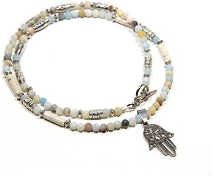 AB's - Necklace Made of Amazonite and Fossil with Fatima's Hand Pendant for Men/Women_Beaded Elegant Necklace for Men Made of Gemstones